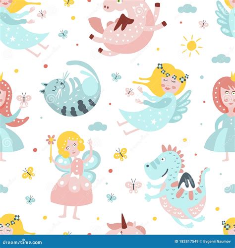 Cute Fairy Tale Characters Seamless Pattern Background Vector