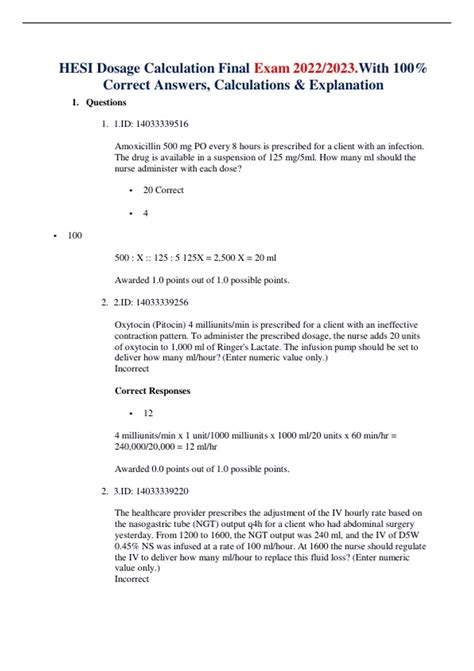 Hesi Dosage Calculation Final Exam With Correct Answers