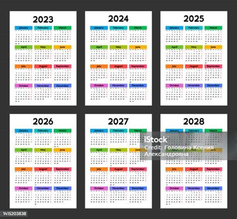 달력 2023 2024 2025 2026 2027 2028 주가 월요일에 시작 밝은 멀티 컬러 디자인의 기본 템플릿 벡터