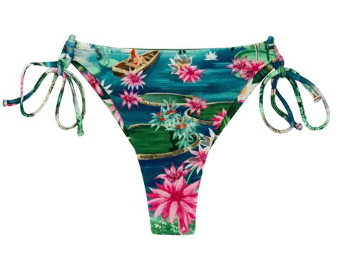 Green Blue Tropical Double Tie Thong Bikini Bottom Bottom Amazonia