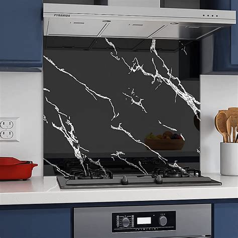 Belofay 60x60cm Black Marble Tempered Glass Splashback For Kitchen 6mm Toughened Glass Heat