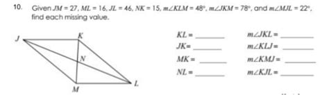 Solved 10 Given Jm 27 Ml 16 Jl 46 Nk 15 Mzklm