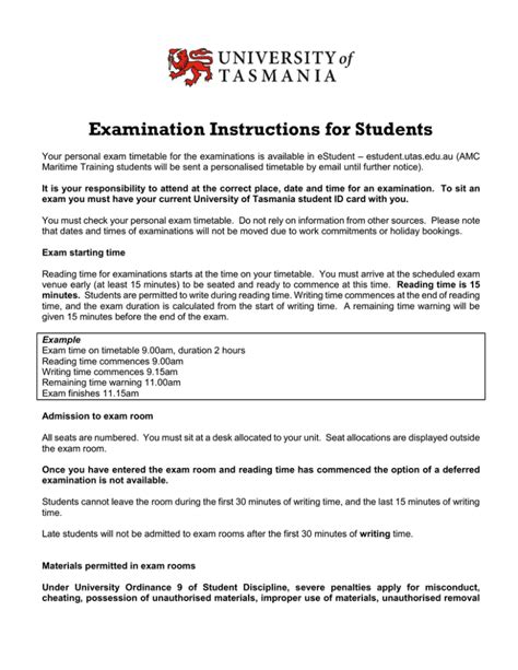 Examination Instructions For Students