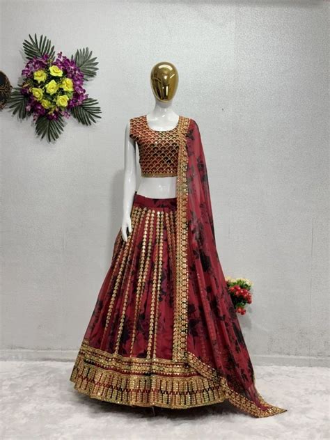 Maroon Georgette Embroidered Bridal Lehengas Size Free Size