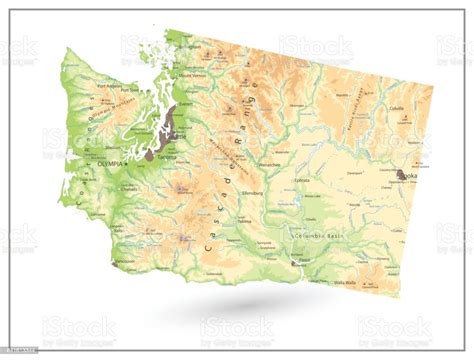 Physical Map Of Washington State Isolated On White Stock Illustration ...