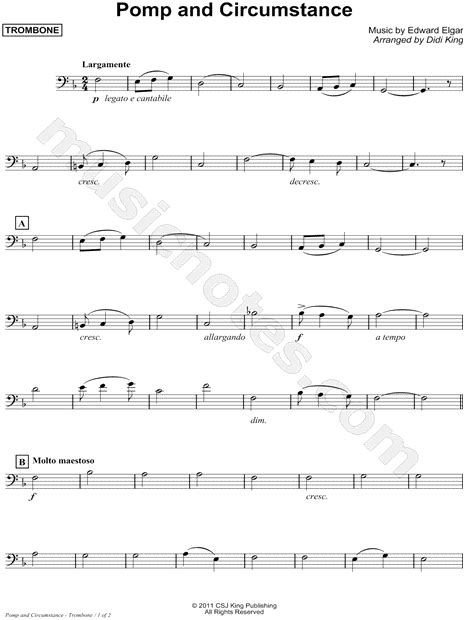 Sir Edward William Elgar Pomp And Circumstance Trombone Part Brass Quartet Sheet Music In