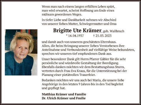 Traueranzeigen von Brigitte Ute Krämer trauer op online de