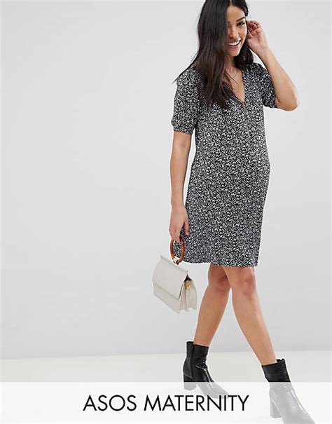 Asos Design Maternity Mini Plisse Swing Dress With Zip In Ditsy Print Asos