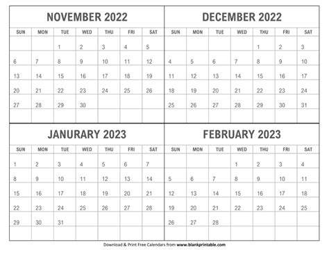 November 2022 to February 2023 Calendar PDF - FREE Printable