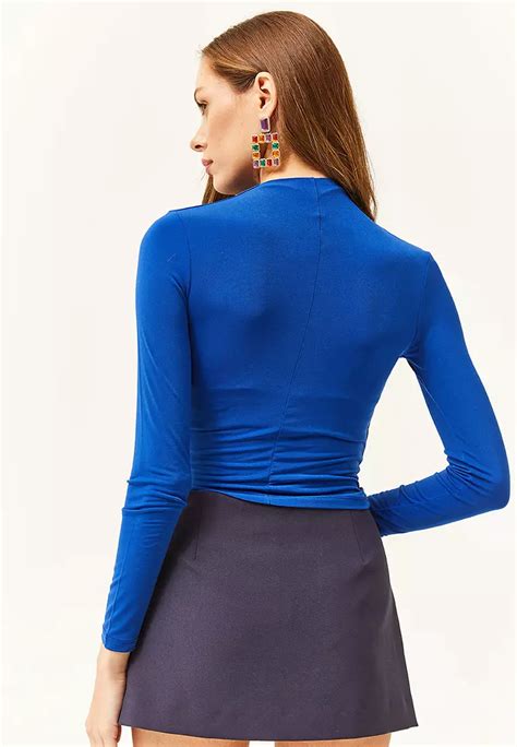 Olalook Saxe Blue High Collar Lycra Blouse With Gather Detail 2024