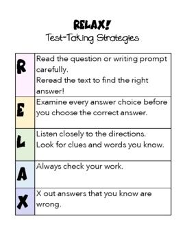 Relax Test Taking Strategies Poster Handout By Teach With Daniella