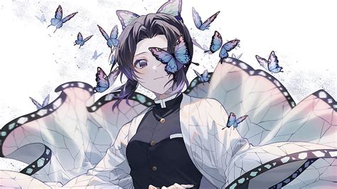 Demon Slayer Shinobu Kochou Con Mariposas Con Blanco Anime Fondo De