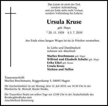 Traueranzeigen Von Ursula Kruse Trauer In Nrw De