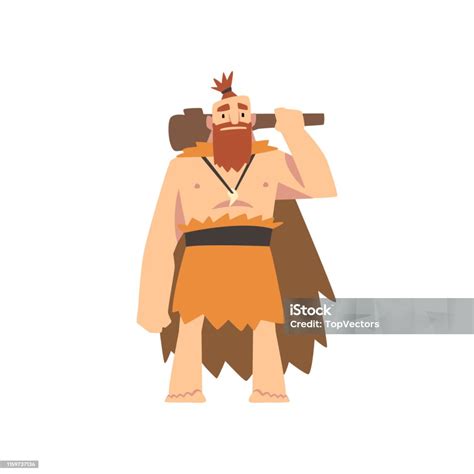 Prehistoric Muscular Bearded Man Wearing Animal Pelt Primitive Stone