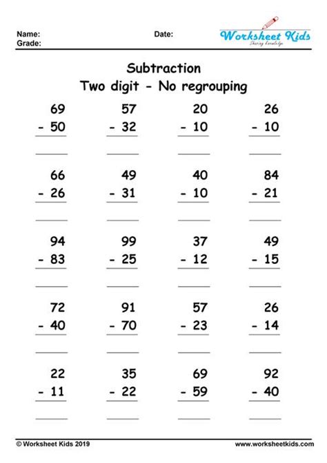 Two Digit Subtraction Without Regrouping Worksheets Free Printable