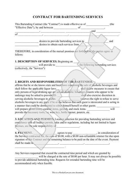 Restaurant Party Contract Template Sample Bartending Contract Form