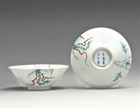 A Pair Of Doucai Phoenix Wine Cups Yongzheng Marks And Period