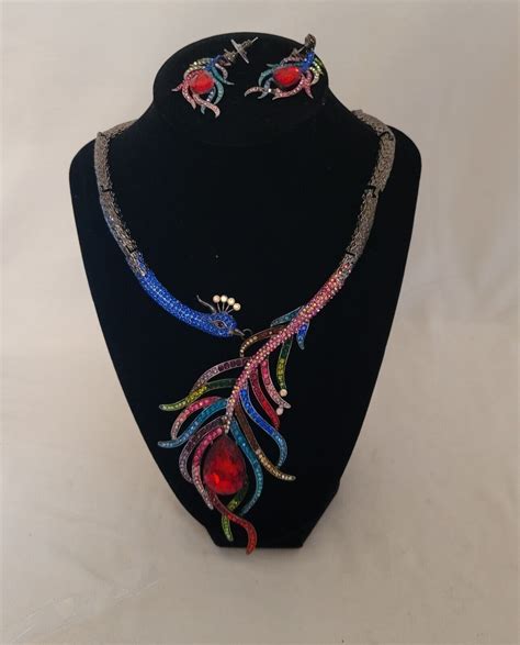 Bold Large Statement Peacock Necklace And Matching Earr Gem