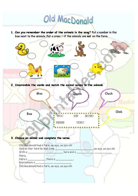 Old Macdonald Esl Worksheet By Lilivivi