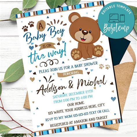 Brown Teddy Bear Baby Shower Invitation Template DIY | Bobotemp