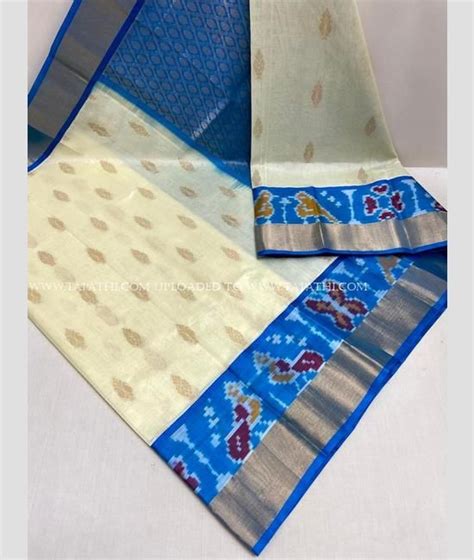 Cream And Blue Ivy Color Kuppadam Pattu Handloom Saree With Kaddy