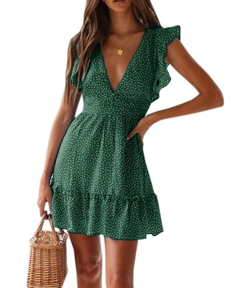 Women Floral Mini Dress Sexy V Neck Ruffle Flutter Sleeve Polka Dot