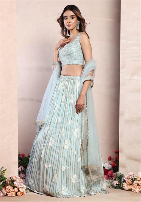 Buy Women Seafoam Floral Thread Embroidered Lehenga Set With