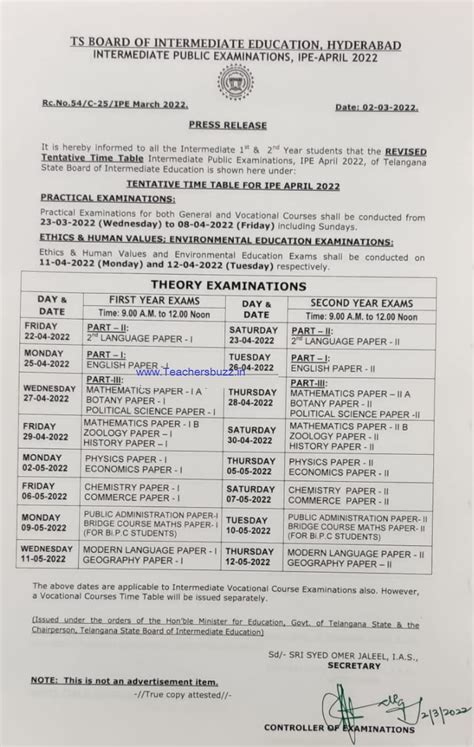 Ts Inter Exams 2022 Time Table Revised Telangana Intermediate Exams