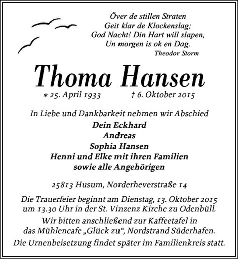 Traueranzeigen Von Thoma Hansen Trauer Anzeigen De