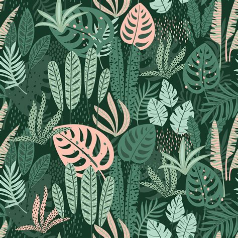 Abstract Seamless Pattern With Tropical Leaves Hand Draw Texture