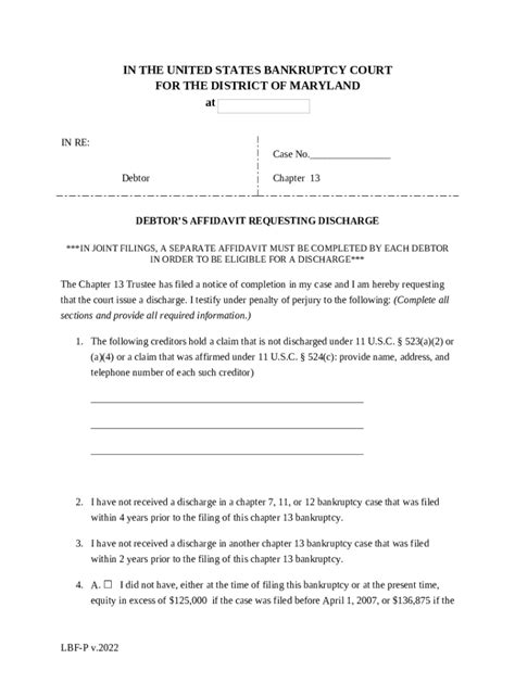 Debtors Affidavit Requesting Discharge Maryland Doc Template Pdffiller