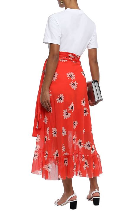 GANNI Tilden Floral Print Stretch Mesh Midi Wrap Skirt THE OUTNET