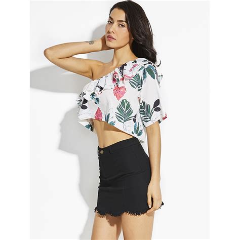 Womens Floral Print One Shoulder Oblique Collar Falbala Crop Top N14912