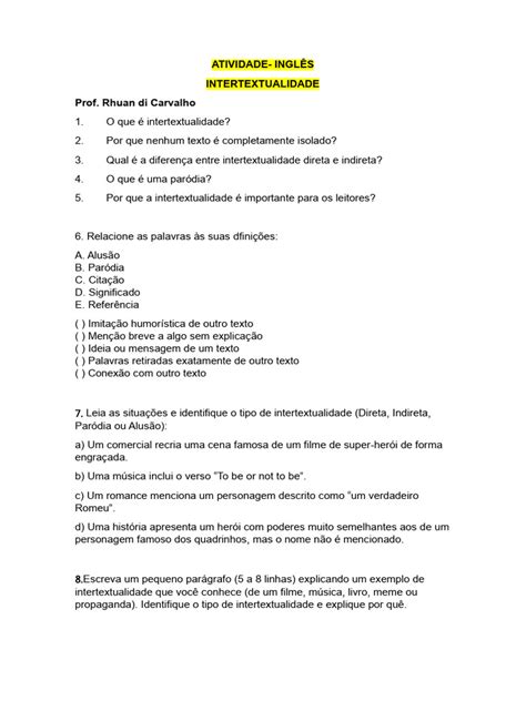Atividade Sobre Intertextualidade Pdf - Atividade Intertextualidade | PDF