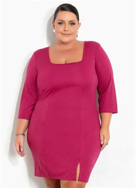 Vestido Fúcsia Com Decote Quadrado Plus Size Marguerite