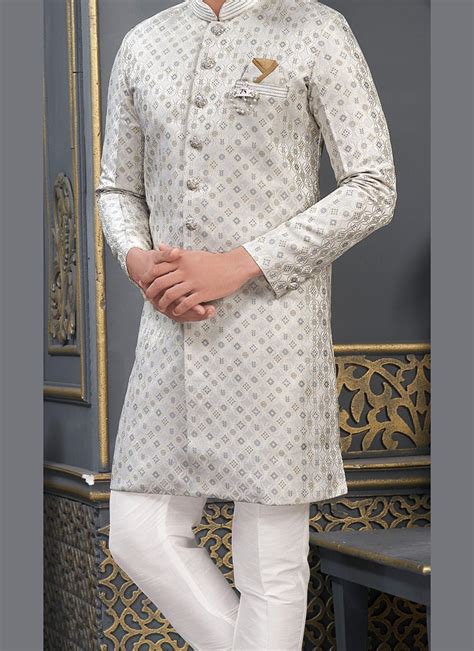 Shop Grey Art Silk Jacquard Indowestern Sherwani Party Wear Online At