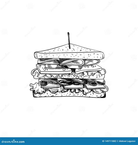 Vector Sandwich With Toothpick Sketch Hand Drawn Illustration Outline