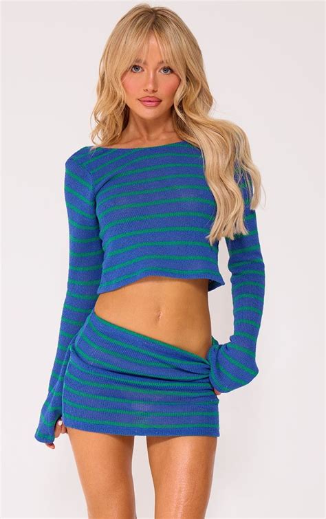 Blue Striped Textured Rib Long Sleeve Backless Crop Top In 2024 Long