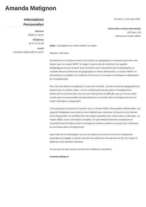 Exemple De Lettre De Motivation Master Meef Enseignement