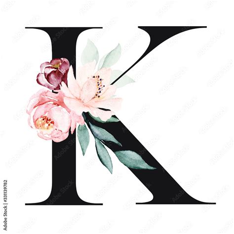 Letter k, floral alphabet, monogram with watercolor flowers roses ...