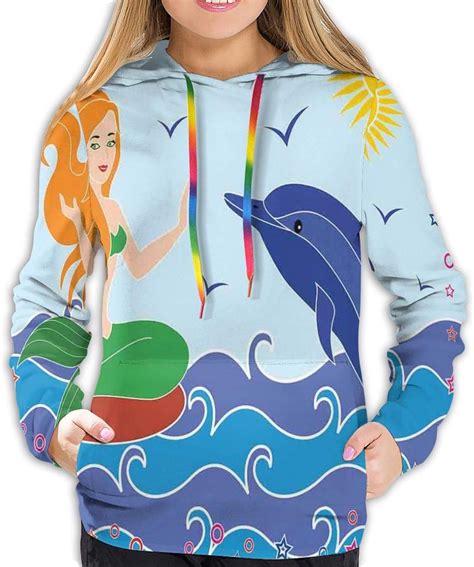 Womens Fashion Hoodies 3d Print Dolphin And Mermaid Girl