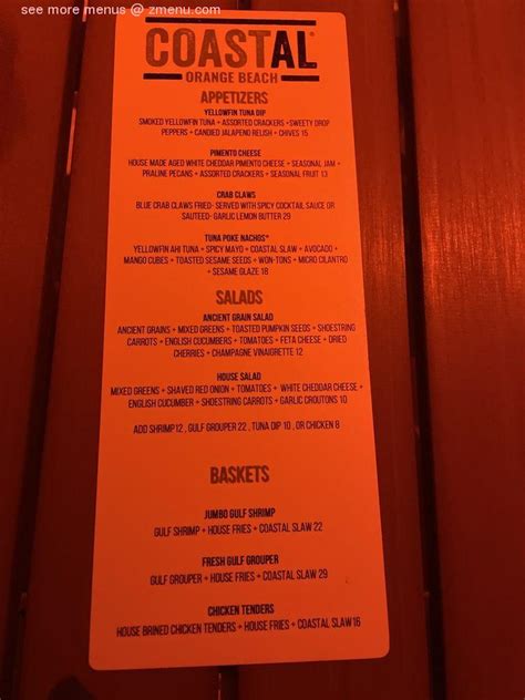 Menu At COASTAL RESTAURANT Orange Beach