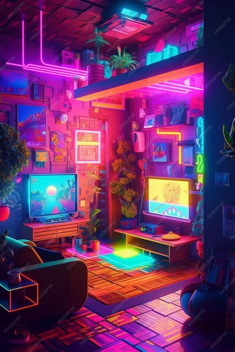 Premium Photo | A room with neon lights and a tv