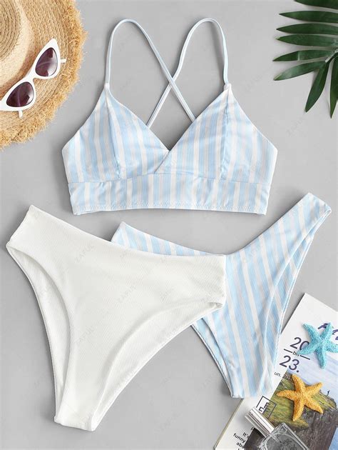 29 OFF 2022 ZAFUL Ribbed Striped Lace Up Three Piece Bikini Swimwear In LIGHT BLUE ZAFUL