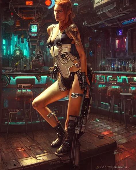 A Cybernetic Bounty Hunter Sitting At Grungy Sci Fi Stable