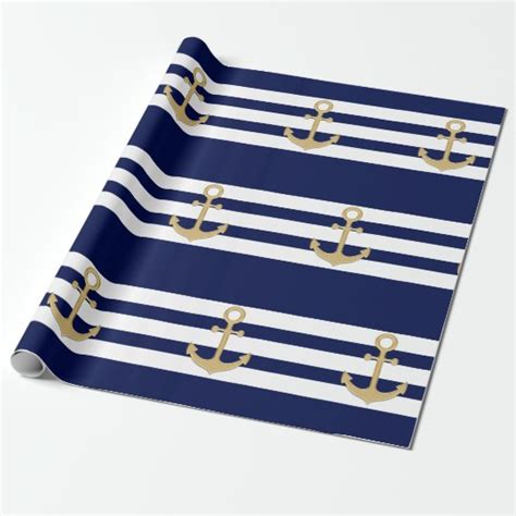 Nautical Navy Blue White Stripes Gold Anchor Wrapping Paper Zazzle