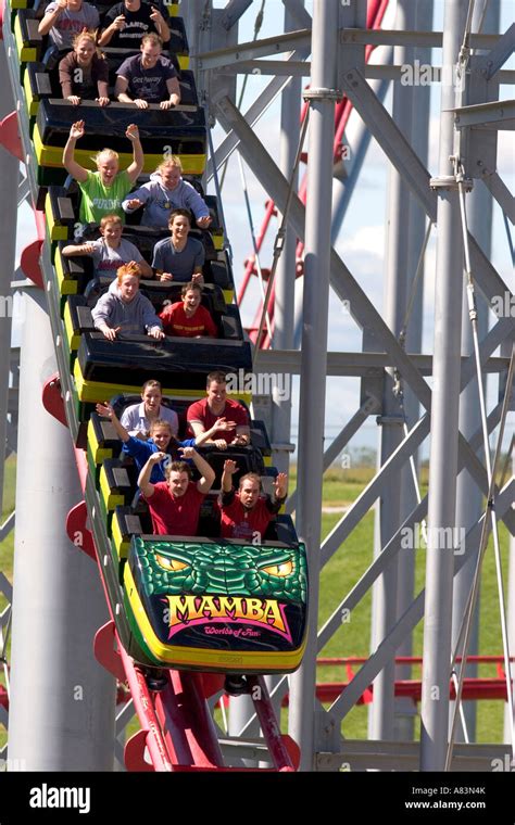 Visitors Ride The Mamba Roller Coaster At Worlds Of Fun In Kansas City