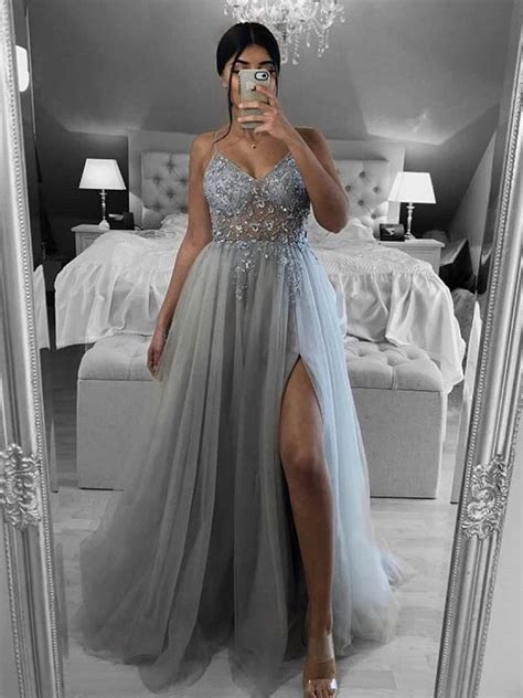 A Line V Neck Open Back Beaded Gray Long Prom Dresses Backless Gray F