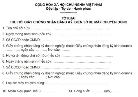 khai thu hoi giay chung nhan dang ky bien  xe  chuyen dung