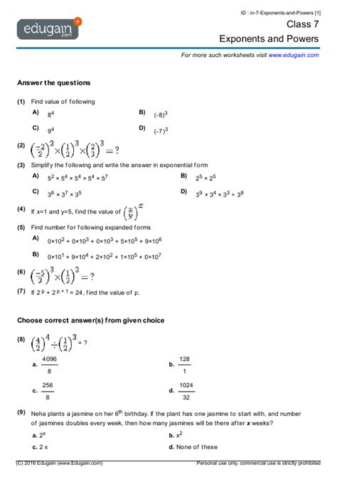 Exponents And Powers Of Worksheets Exponents Worksheet Ex